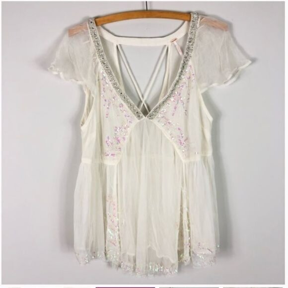 RARE NWOT Free People White Semi Sheer Beaded Babydoll Top Coquette Boho Angelic - Picture 8 of 10